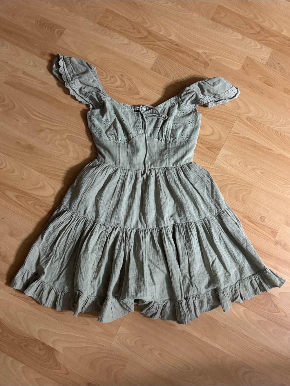 American Eagle Outfitters Sage Green Tiered Mini Dress with Ruffle Sleeves